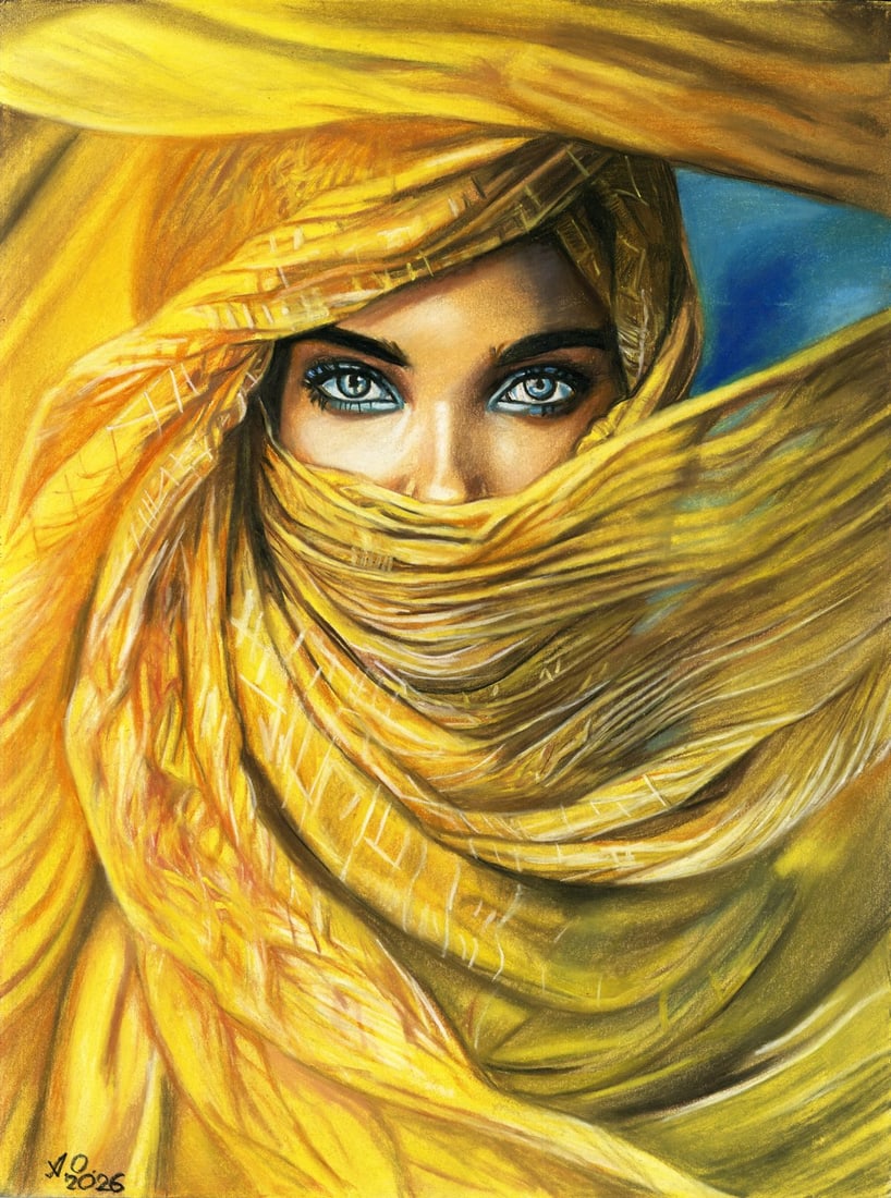 Oleksandr Achkasov (Ukraine,b 1965) pastel painting: ARTIST: Oleksandr Achkasov (Ukraine, born 1965) TITLE: Oriental Woman in Veil MEDIUM: pastel on heavy paper CONDITION: Very good. ART SIZE: 16 x 12 inche