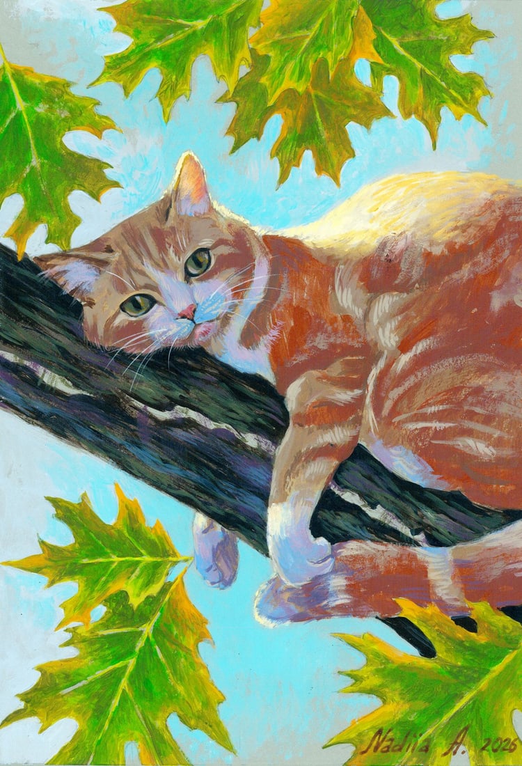 Nadya Afanasyenko (Ukraine,20/21C) acrylic painting: ARTIST: Nadya Afanasyenko (Ukrainian, 20/21 centuries) TITLE: Cat on Tree Branch MEDIUM: acrylic on heavy paper CONDITION: Very good. No visible inpaint under UV light. <