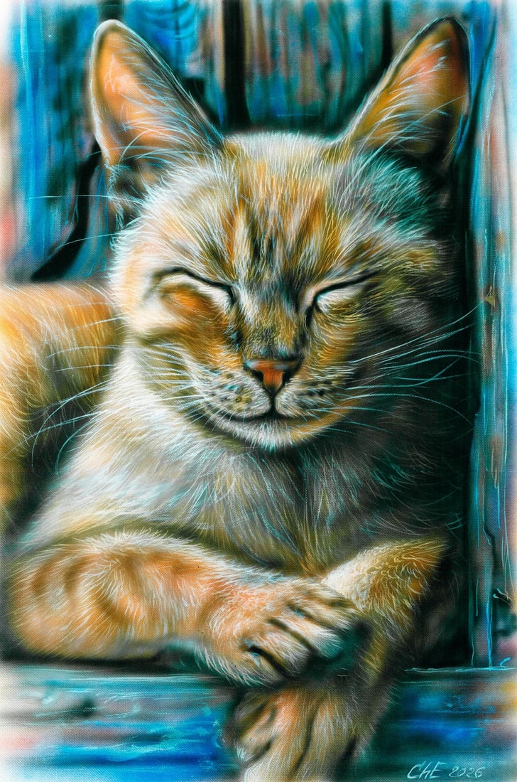 Evgeniy Chunikhin (Ukraine,b 1976) acrylic painting: ARTIST: Evgeniy Chunikhin (Ukrainian, born 1976) TITLE: Sleeping Cat MEDIUM: acrylic on heavy paper CONDITION: Very good. No visible inpaint under UV light. ART S