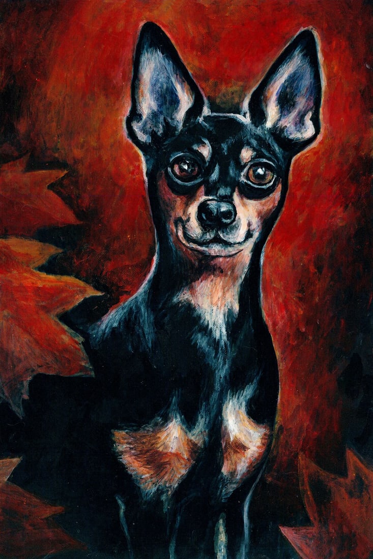 Ilona Nikitina (Ukraine,20/21C) acrylic painting: ARTIST: Ilona Nikitina (Ukrainian, 20/21 centuries) TITLE: Dog MEDIUM: acrylic on heavy paper CONDITION: Very good. No visible inpaint under UV light. ART SIZE:</