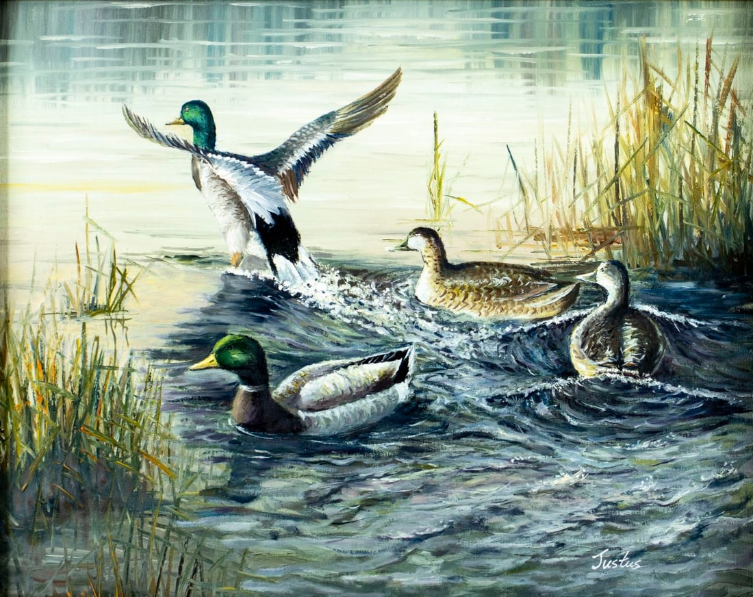 Justus (US,20C) oil painting: ARTIST: Justus (American, 20 century) TITLE: Ducks MEDIUM: oil on canvas CONDITION: Overall good. No visible inpaint under UV light. Wear to frame. ART SIZE: