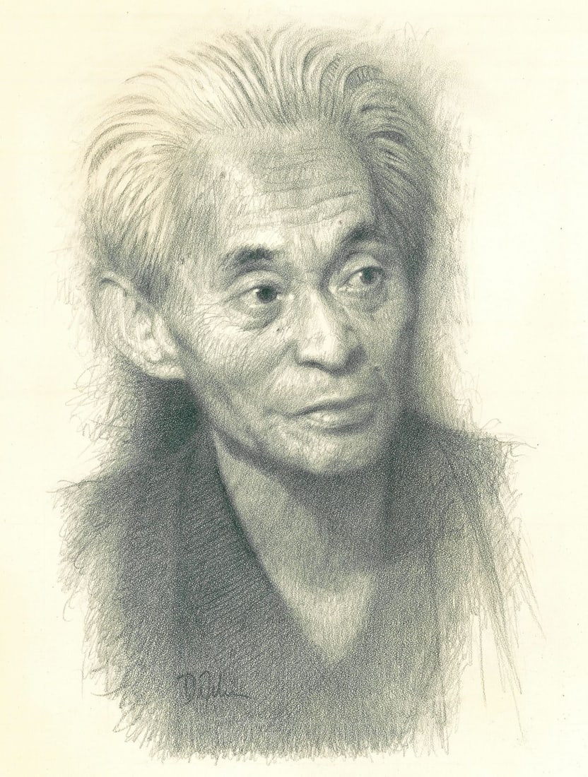 Ron DeFelice (CT,b 1958) graphite painting: ARTIST: Ron DeFelice (Connecticut, born 1958) TITLE: Portrait of Yasunari Kawabata YEAR: 1980s MEDIUM: graphite on paper. Paper applied to board. CONDITION:
