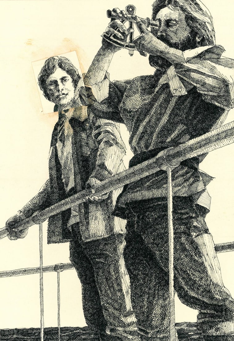 Peter Fiore (PA,NY,NJ,b 1955) ink painting: ARTIST: Peter Fiore (Pennsylvania, New York, New Jersey, born 1955) TITLE: Illustration - Twenty Thousand Leagues Under the Seas YEAR: 1978 MEDIUM: ink on heavy paper