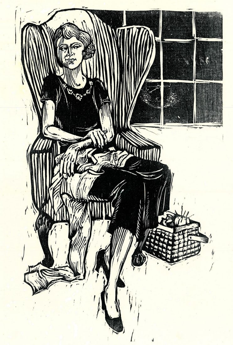 Ronald Keller (NY,1930-2021) woodblock print: ARTIST: Ronald Richard Keller (New York, 1930 - 2021) TITLE: David Herbert Lawrence Illustration YEAR: 1984 MEDIUM: woodblock print on paper. Paper applied to board.