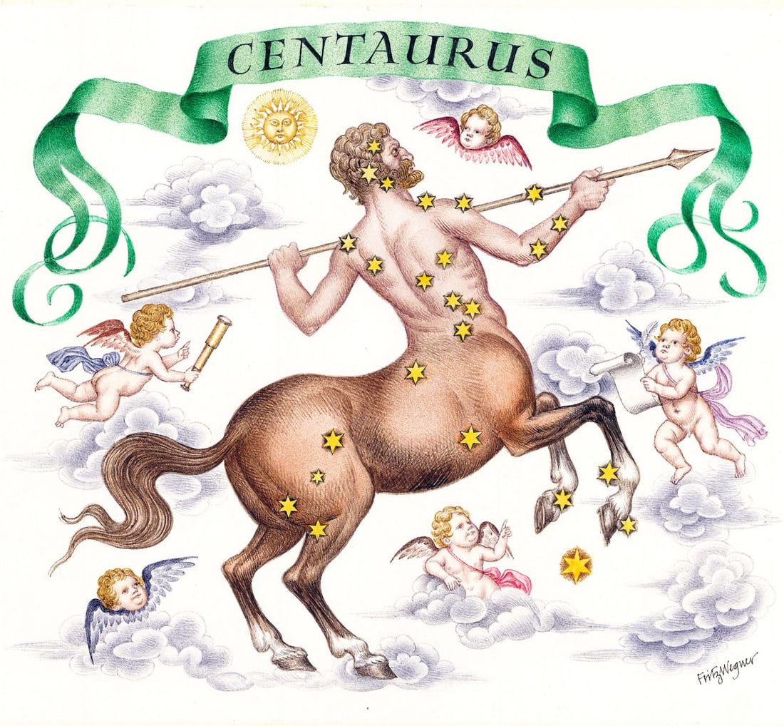 Fritz Wegner (Austria,1924-2015) watercolor painting: ARTIST: Fritz Wegner (Austrian, 1924 - 2015) TITLE: Constellations - Centaurus YEAR: 1986 MEDIUM: watercolor on paper. Paper applied to board. CONDITION: