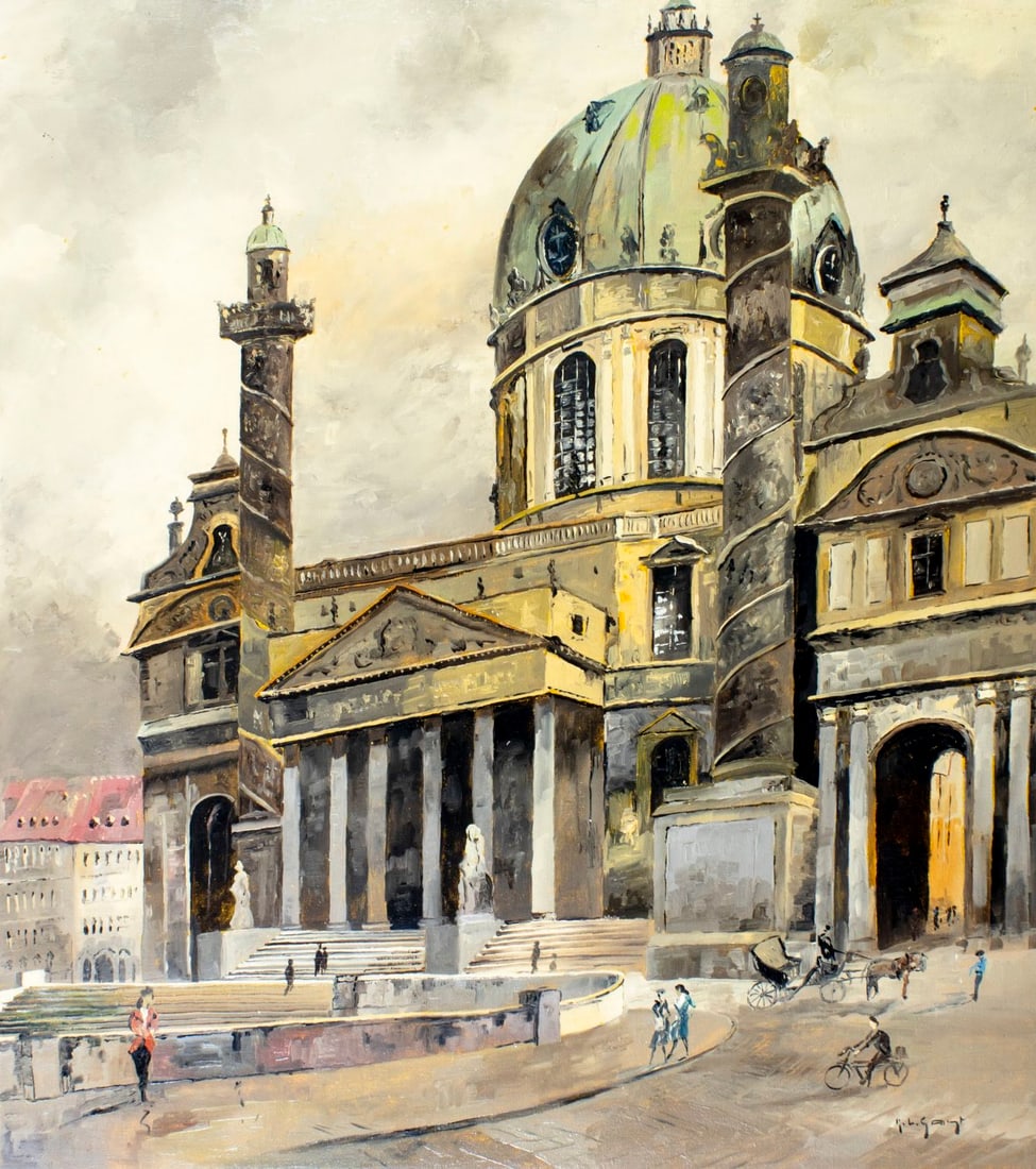 Karl Ludwig Gast (German,1907-?) oil painting: ARTIST: Karl Ludwig Gast (Germany, 1907 - ???) TITLE: Cityscape - The Karlskirche Church, Vienne, Austria MEDIUM: oil on canvas CONDITION: Unstretched (In-House stretching a