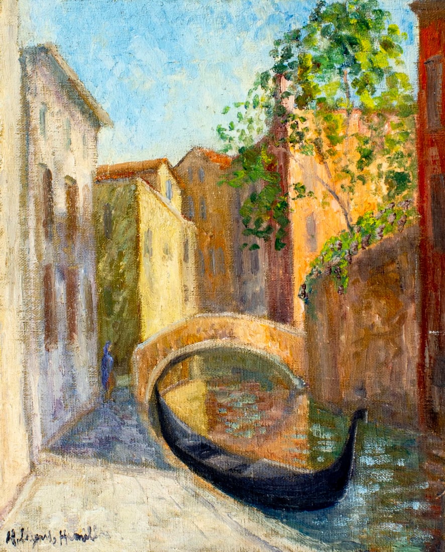 Hildegarde Hamilton (FL,VA,1898-1970) oil painting: ARTIST: Hildegarde Hume Hamilton (Florida, Virginia, 1898 - 1970) TITLE: Venice Canal Cityscape with Gondola MEDIUM: oil on canvas CONDITION: Unstretched (In-House stretchin