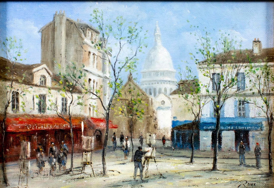 Gerard Roux (France,1946-?) oil painting: ARTIST: Gerard Roux (French, 1946 - ???) TITLE: Cityscape - Sacre Coeur Church, Paris MEDIUM: oil on canvas CONDITION: Very good. No visible inpaint under UV light.