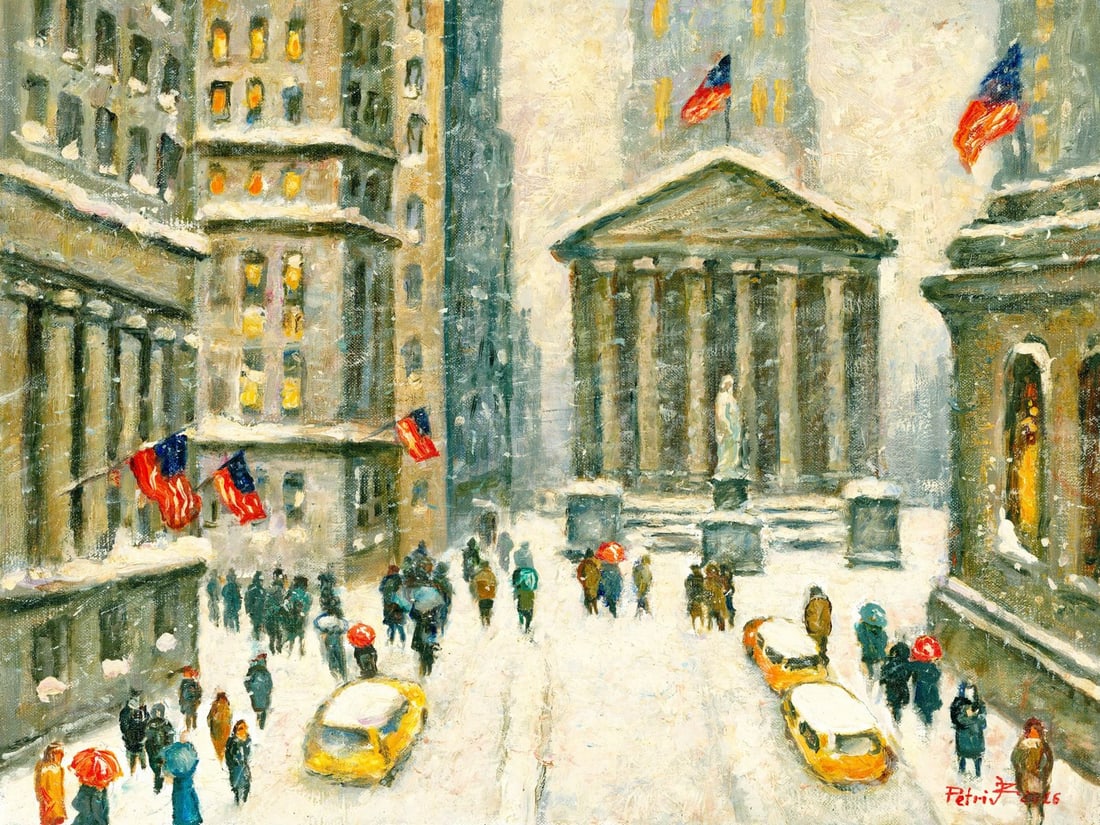 Zoriana Petriv (Ukraine,b 1994) oil painting: ARTIST: Zoriana Petriv (Ukraine, born 1994) TITLE: Cityscape - Broad Street in Winter, New York YEAR: 2016 MEDIUM: oil on canvas CONDITION: Unstretched (