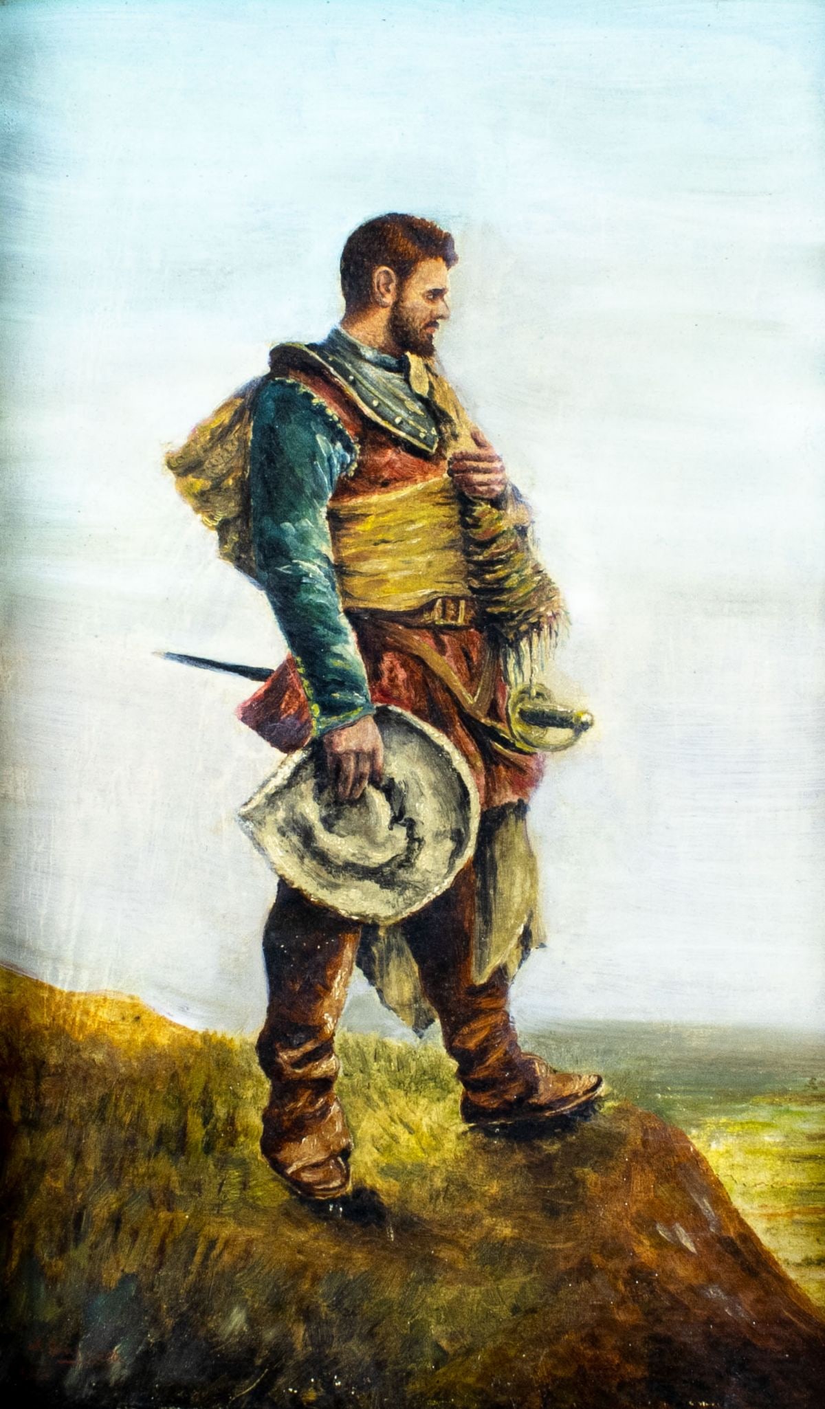 M Giannetti (Italy,early 20C) oil painting antique: ARTIST: M Giannetti (Italian, early 20 century) TITLE: Man with Sword YEAR: 1913 MEDIUM: oil on board CONDITION: Few minor paint losses. Crack 3" long to