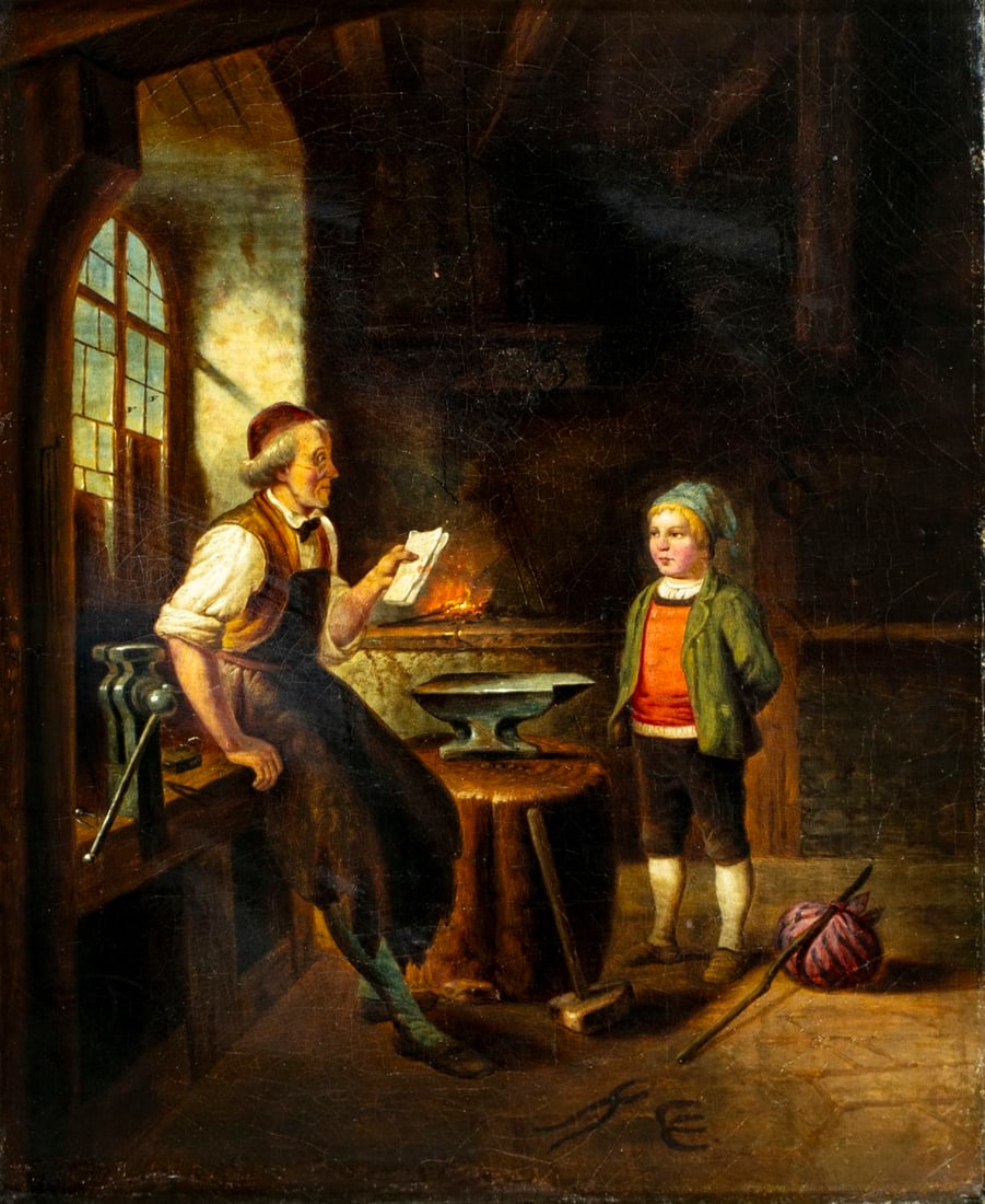 Antique 19C European oil painting: ARTIST: - (Europe, 19 century) TITLE: Blacksmith Reading Letter MEDIUM: oil on canvas CONDITION: Relined. Some small paint losses mostly along edges. Some craquelure. Some s