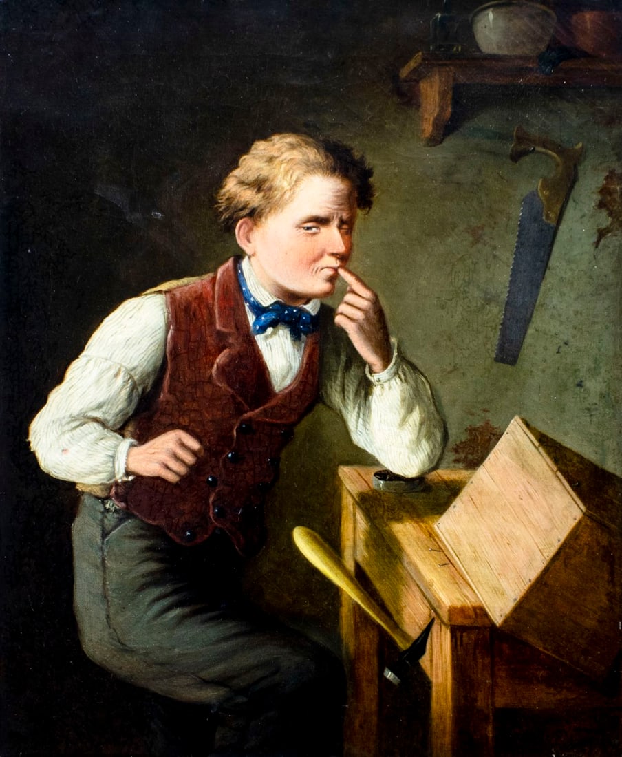 E Turner (US,19C) oil painting antique: ARTIST: E Turner (American, 19 century) TITLE: Loose Hammer MEDIUM: oil on canvas CONDITION: Relined. Some stable craquelure. Few small inpaitings. ART SIZE: