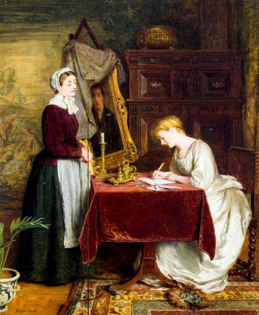 George Smith (UK,1829-1901) oil painting antique: ARTIST: George Smith (British, 1829 - 1901) NAME: The Letter MEDIUM: oil on board CONDITION: Some board layers separation. Board has a few vertical cracks to the front and back layers (see p