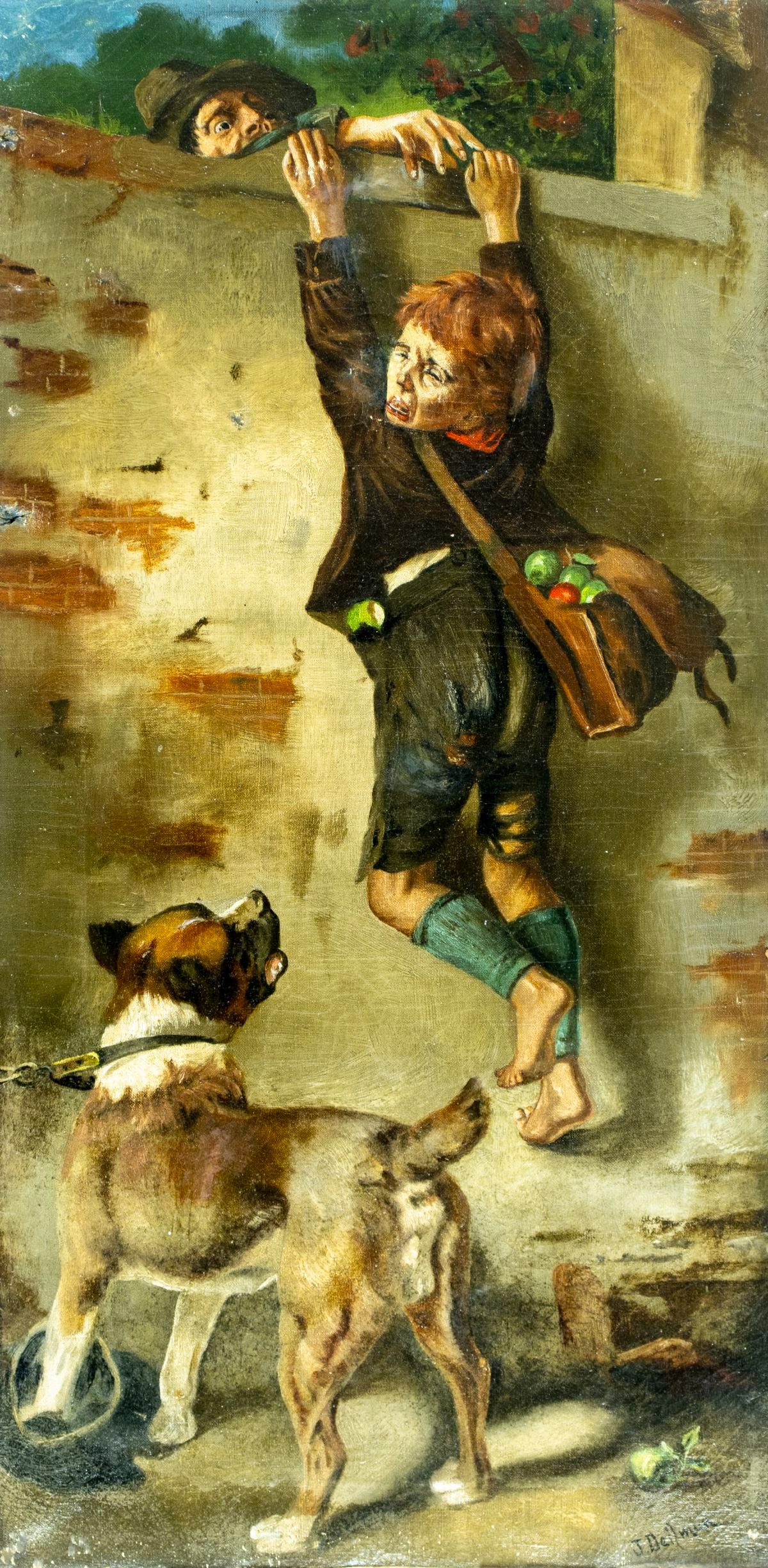 J Deilman (US,19C) oil painting antique: ARTIST: J Deilman (American, 19 century) TITLE: The Apple Thief MEDIUM: oil on canvas CONDITION: Some patches. Some paint losses mostly along edges. Some craquelure. Some sc