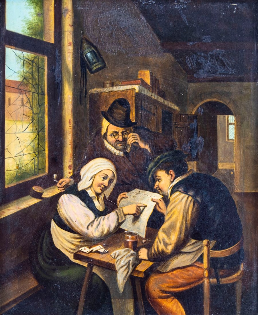 Antique early 20C European oil painting: ARTIST: - (Europe, early 20 century) TITLE: Tavern Scene MEDIUM: oil on metal CONDITION: Few minor paint losses. Minor craquelure. Some scattered inpaintings. Minor damages
