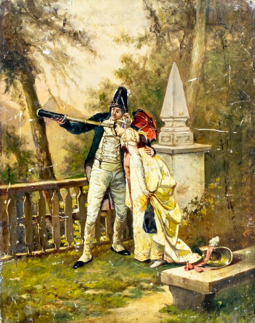 Antique early 20C European oil painting: ARTIST: - (Europe, early 20 century) TITLE: Couple with Telescope MEDIUM: oil on board CONDITION: Some damages to corners. Some scratches/paint losses (see pictures carefull