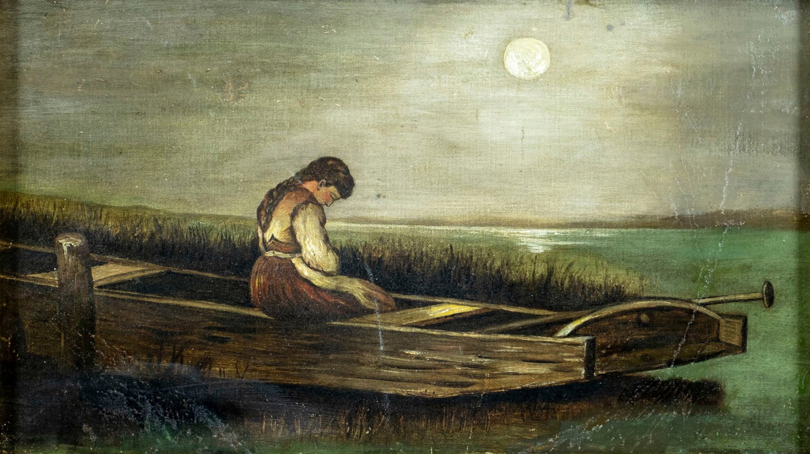 Antique 19C oil painting: ARTIST: - (19 century) TITLE: Woman in Boat MEDIUM: oil on canvas. Canvas applied to board. CONDITION: Some scratches/paint losses. Some craquelure. Some scattered small inp