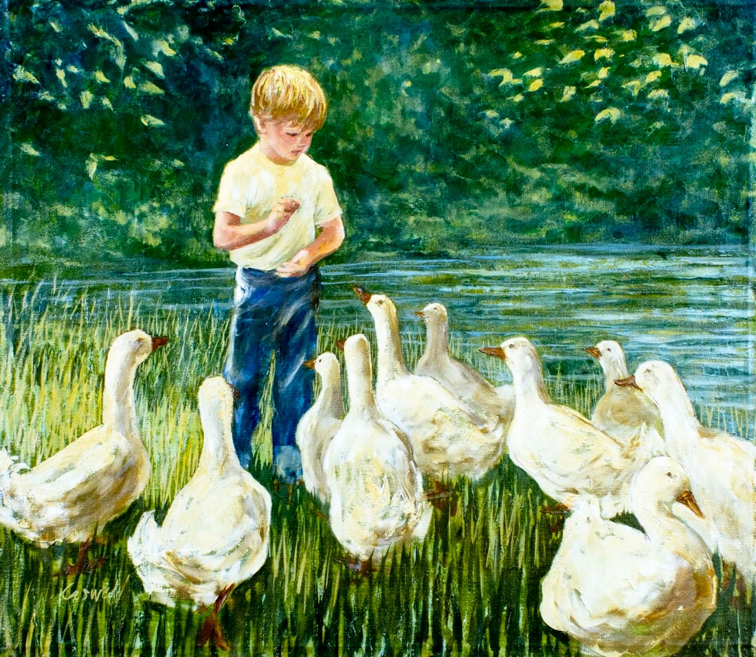 Helen Caswell (CA,1923-2018) oil painting: ARTIST: Helen Rayburn Caswell (California, 1923 - 2018) TITLE: Boy Feeding Geese MEDIUM: oil on canvas CONDITION: Unstretched (In-House stretching available) (In-House stret