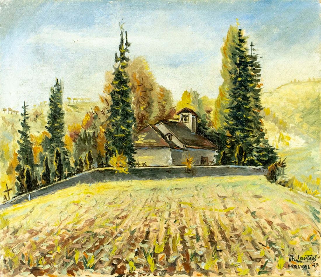 Ph Loutan (Swiss,mid 20C) oil painting: ARTIST: Ph Loutan (Switzerland, mid 20 century) TITLE: Autumn Country Landscape with Cottage YEAR: 1947 MEDIUM: oil on canvas CONDITION: Few pinholes alo