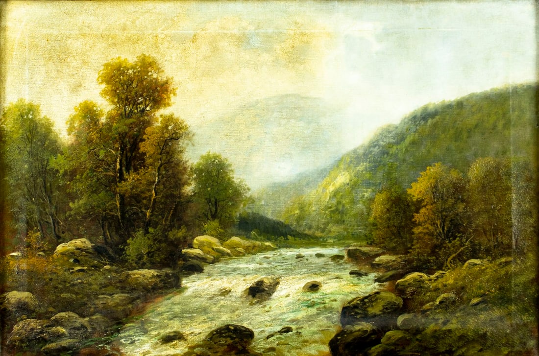 Wilhelm Olbrich (Austria,19C) oil painting antique: ARTIST: Wilhelm Olbrich (Austrian, 19 century) TITLE: Alpine River Landscape MEDIUM: oil on canvas CONDITION: Few patches. One nail hole by the right edge. Some scratches/pa