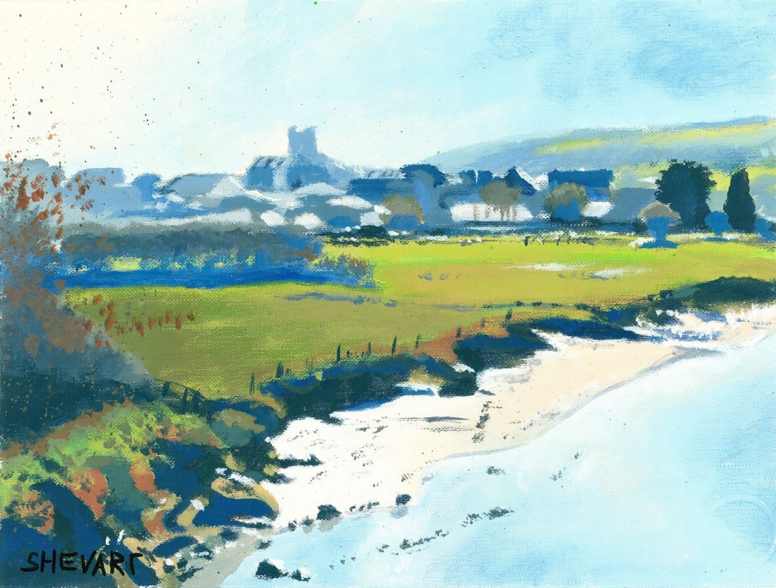 Grygoriy Shevchenko (Ukraine,20/21C) oil painting: ARTIST: Grygoriy Shevchenko (Ukraine, 20/21 centuries) TITLE: Coastal Village Landscape MEDIUM: oil on heavy paper CONDITION: Very good. No visible inpaint under UV light.