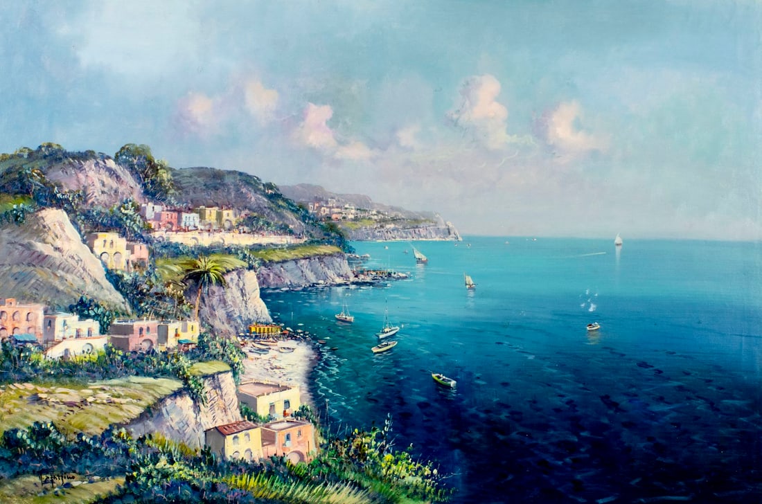 Starzino (Italy,20C) oil painting: ARTIST: Starzino (Italian, 20 century) TITLE: Coastal Cityscape with Boats MEDIUM: oil on canvas CONDITION: Unstretched (In-House stretching available) (In-House stretching