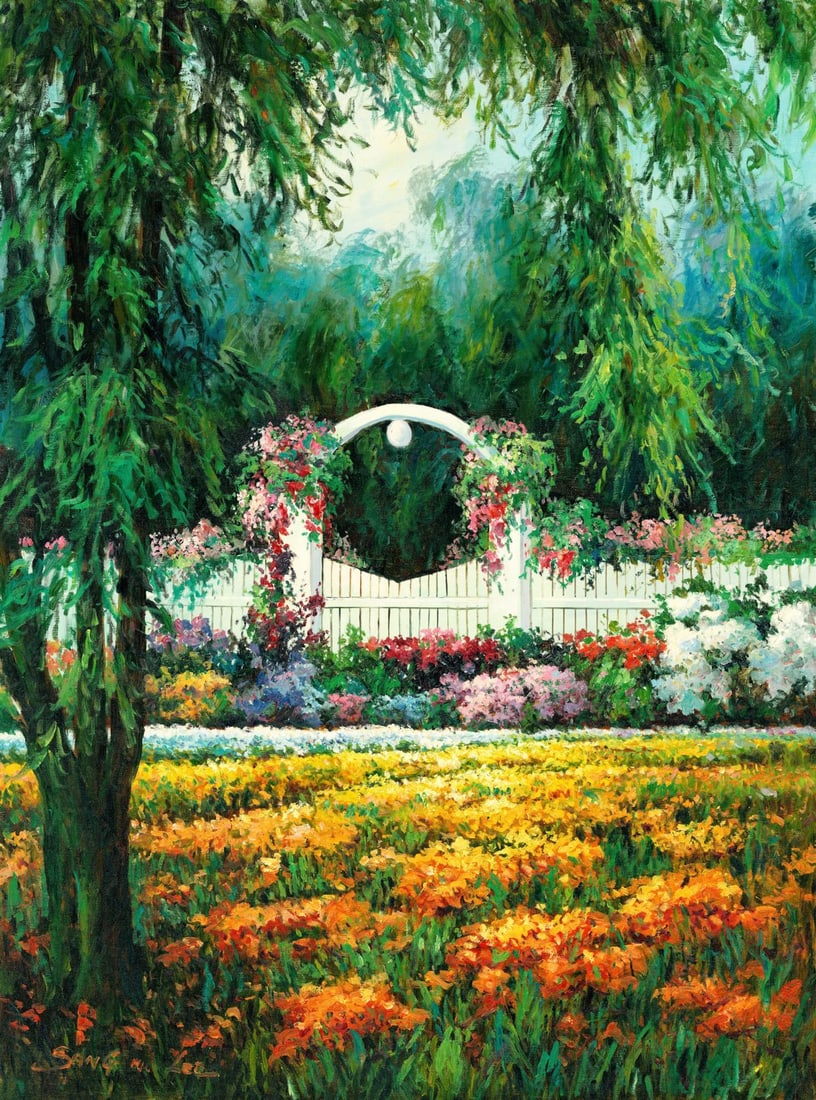 Sang M Lee (South Korea,US,b 1949) oil painting: ARTIST: Sang M Lee (South Korean, American, born 1949) TITLE: Garden Landscape MEDIUM: oil on canvas CONDITION: Unstretched (In-House stretching available). Overall good. No