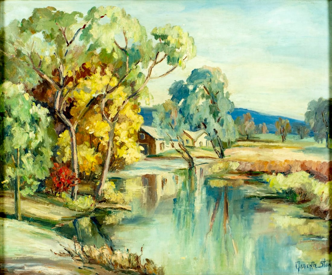 Queenie C Stein (US,mid 20C) oil painting: ARTIST: Queenie C Stein (American, mid 20 century) TITLE: Country Landscape MEDIUM: oil on canvas board CONDITION: Some paint losses mostly along edges. Minor craquelure. No