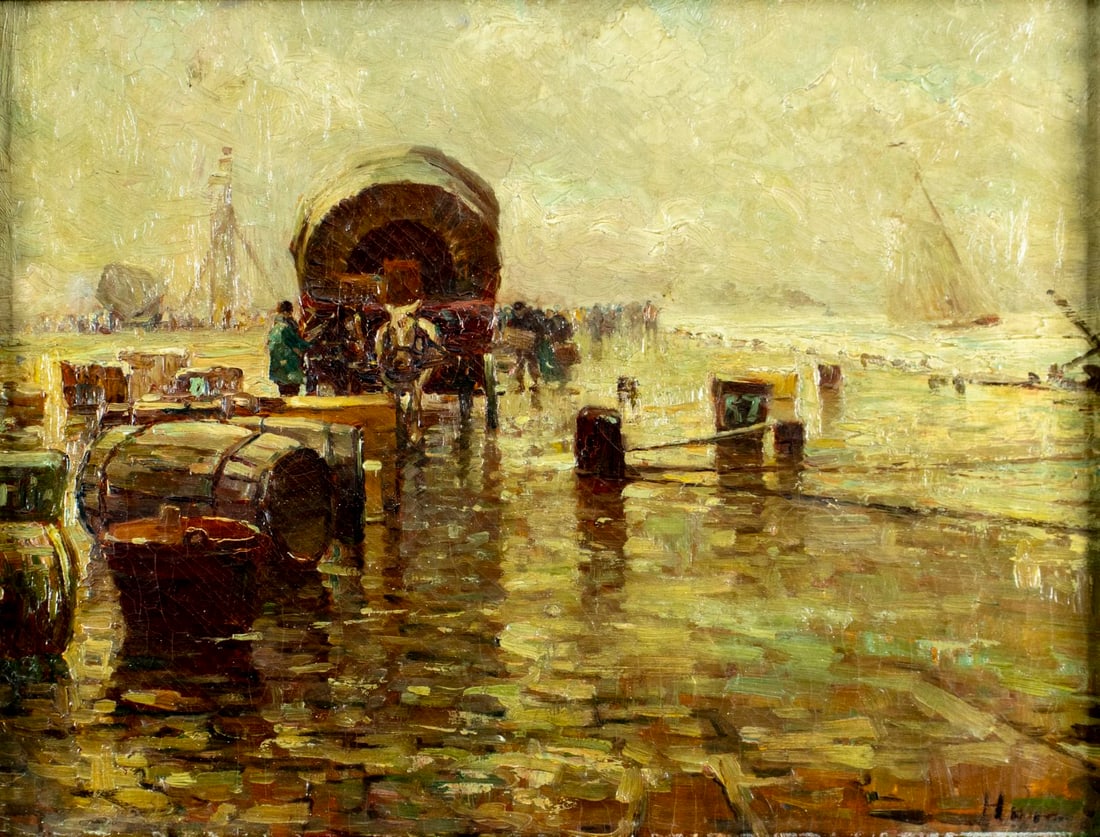 Antique early 20C European oil painting: ARTIST: - (Europe, early 20 century) TITLE: Coastal Landscape MEDIUM: oil on canvas. Canvas applied to board. CONDITION: Some paint losses mostly along edges. Some craquelur