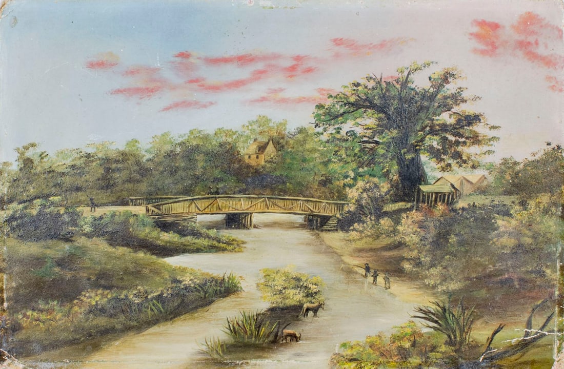 Antique 19C American oil painting: ARTIST: - (American, 19 century) TITLE: River Landscape with Old Bridge (titled on verso) YEAR: circa 1900 MEDIUM: oil on board CONDITION: Some damages