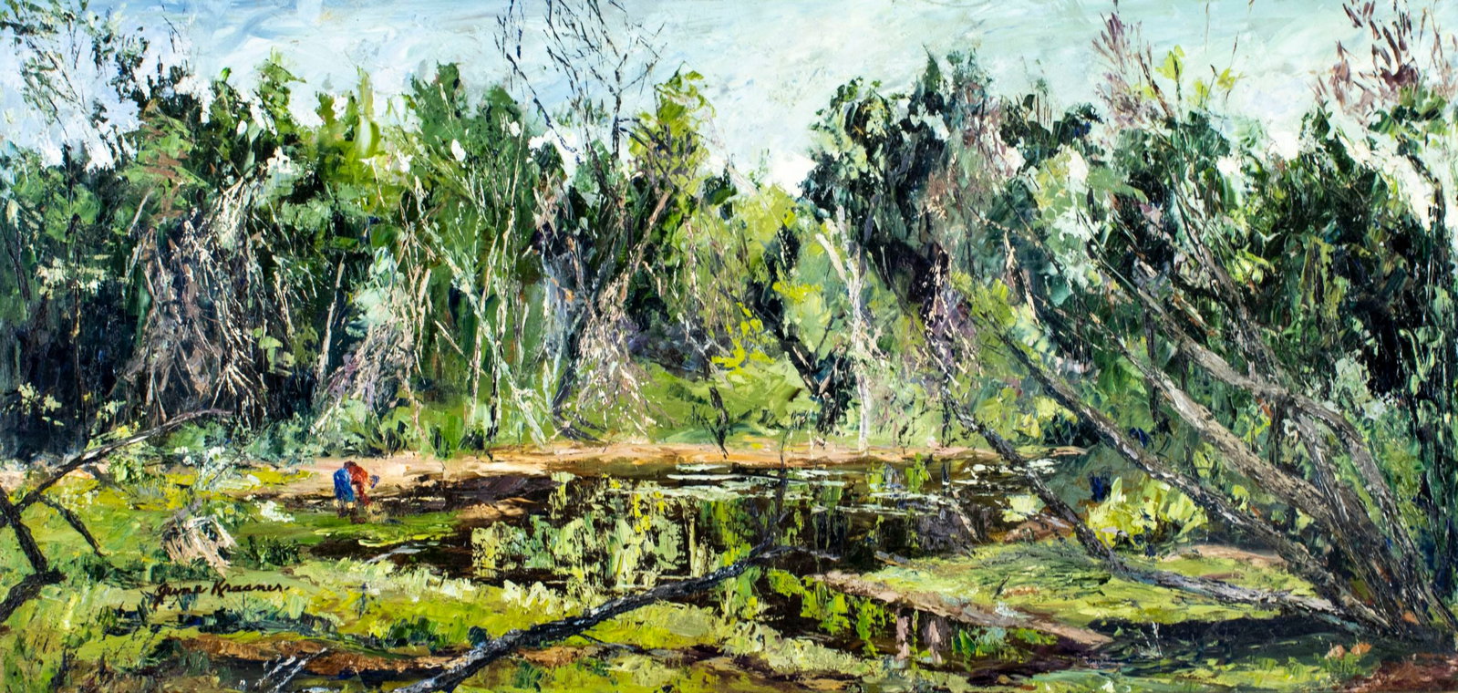 June Krasner (NJ,1905-1991) oil painting: ARTIST: June Krasner (New Jersey, 1905 - 1991) TITLE: Forest Lake Landscape MEDIUM: oil on board CONDITION: Few small paint losses along edges. No visible inpaint under UV l