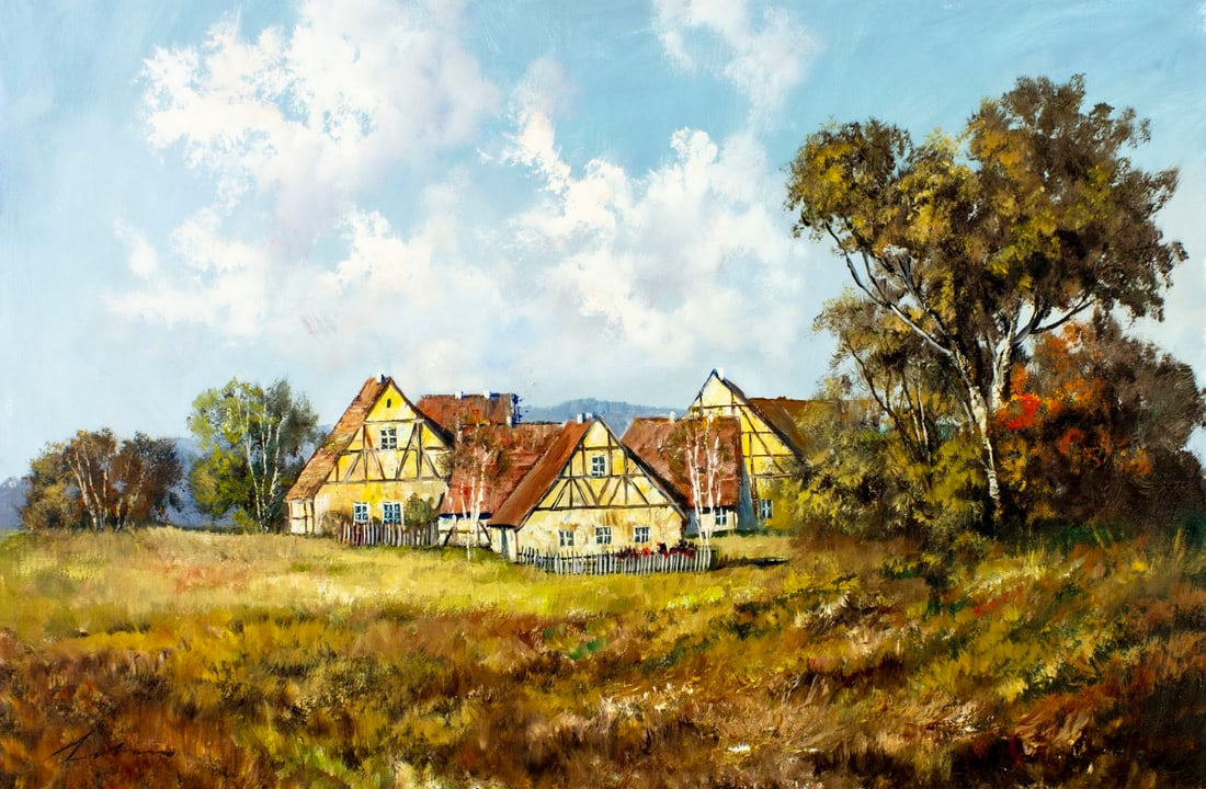 S Lobau (German,20C) oil painting: ARTIST: S Lobau (Germany, 20 century) TITLE: Village Landscape MEDIUM: oil on canvas CONDITION: Unstretched (In-House stretching available) (In-House stretching available).