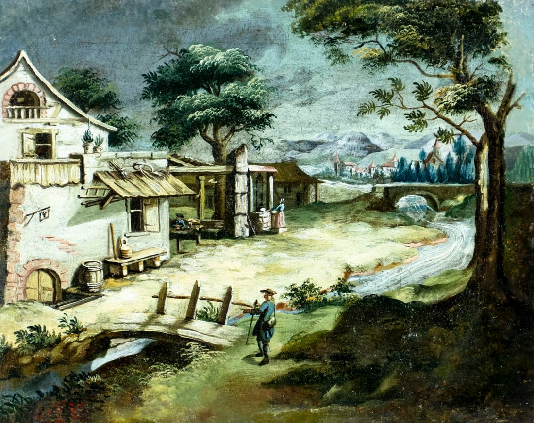 Antique 19C European oil painting: ARTIST: - (Europe, 19 century) TITLE: Mountain Village Landscape MEDIUM: oil on canvas. Canvas applied to board. CONDITION: Some scratches/paint losses. Some craquelure. Som