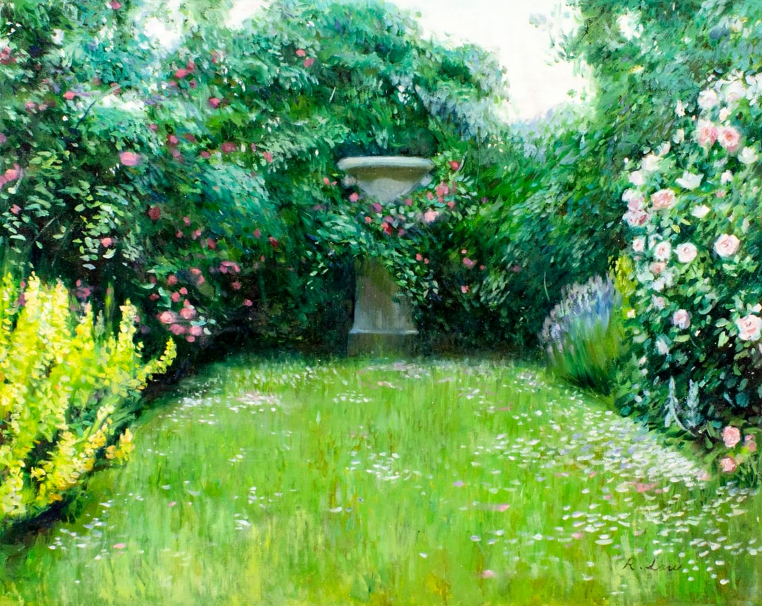 Rene Wei Law (Europe,20C) oil painting: ARTIST: Rene Wei Law (European, 20 century) TITLE: Garden Landscape MEDIUM: oil on canvas CONDITION: Unstretched (In-House stretching available) (In-House stretching availab