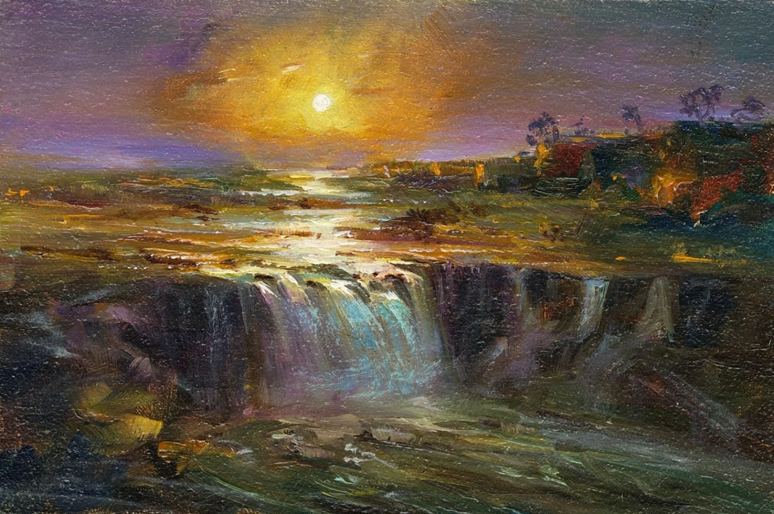Sergey Kozachkin (Ukraine,b 1965) oil painting: ARTIST: Sergey Vasilievich Kozachkin (Ukraine, born 1965) TITLE: Sunset Waterfall Landscape MEDIUM: oil on board CONDITION: Very good. No visible inpaint under UV light.