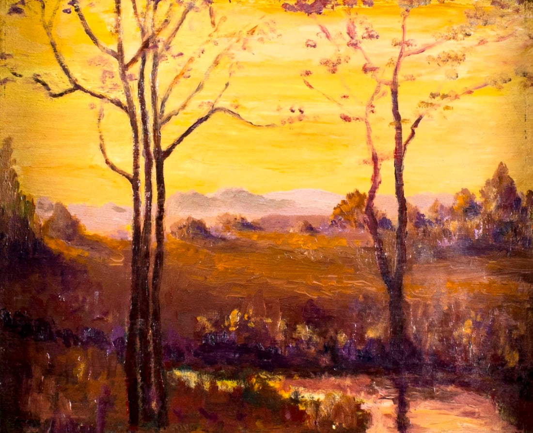 Vintage mid 20C American oil painting: ARTIST: - (American, mid 20 century) TITLE: Sunset Landscape MEDIUM: oil on board CONDITION: Missing one flake of paint by the lower edge. No visible inpaint under UV light.