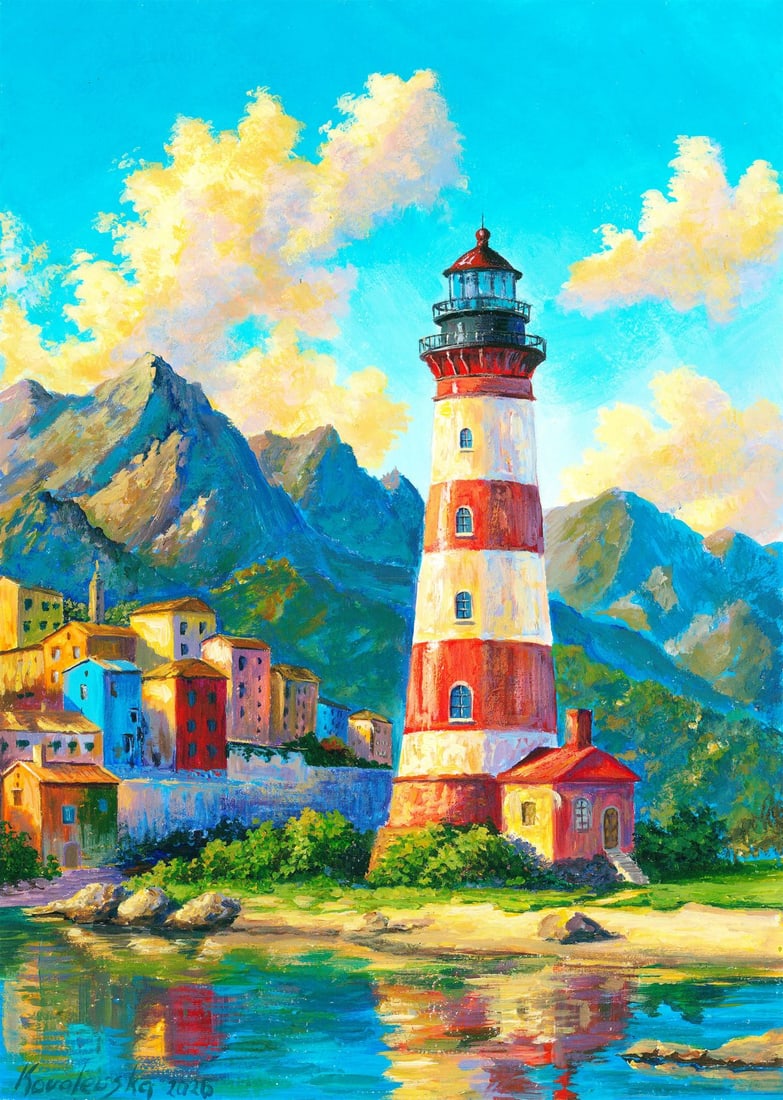 Katerina Kovalevska (Ukraine,20/21C) acrylic painting: ARTIST: Katerina Kovalevska (Ukrainian, 20/21 centuries) TITLE: Coastal Landscape with Lighthouse MEDIUM: acrylic on heavy paper CONDITION: Very good. No visible inpaint und