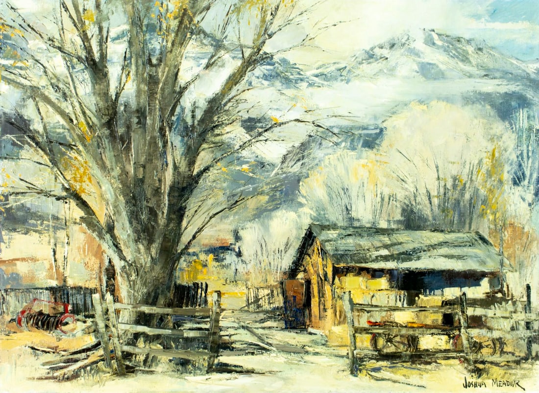 Joshua Meador (CA,MS,1911-1975) oil painting: ARTIST: Joshua Meader (California, Mississippi, 1911 - 1975) TITLE: Landscape - The Silver Day (titled on verso) MEDIUM: oil on canvas CONDITION: One patch-repaired puncture