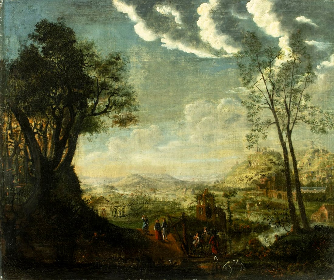 Antique 19C European oil painting: ARTIST: - (Europe, 19 century) TITLE: Landscape MEDIUM: oil on canvas CONDITION: Relined. Some scratches/paint losses mostly along edges. Some craquelure. Some scaterred sma