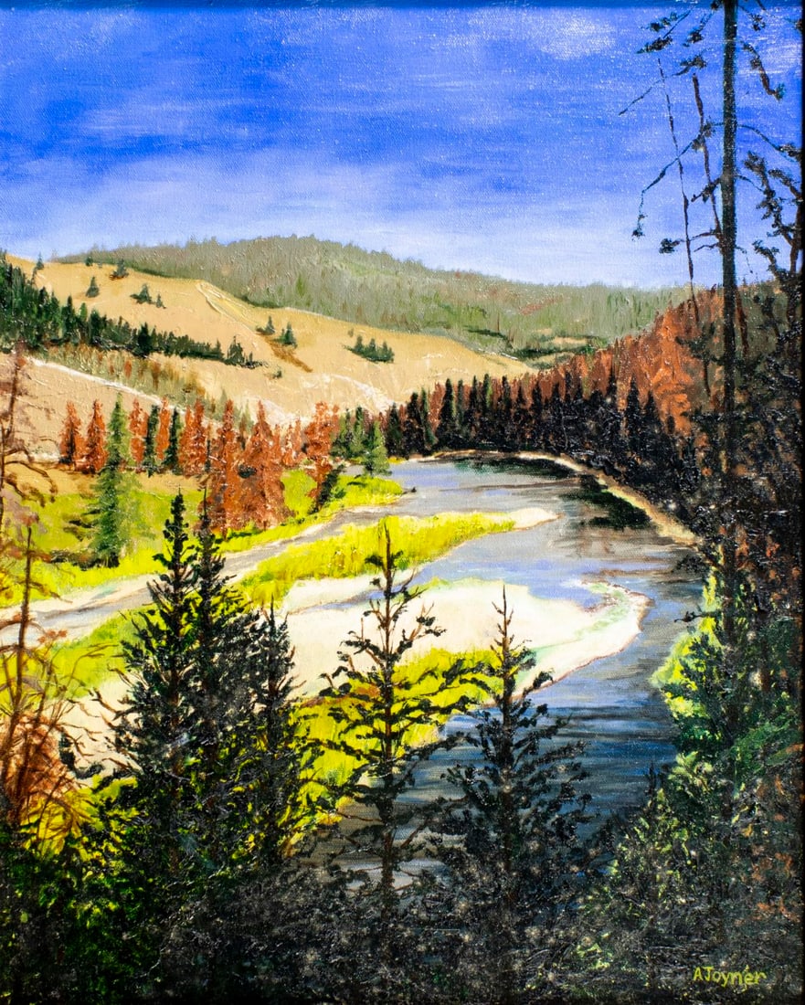 A Joyner (US,20C) oil painting: ARTIST: A Joyner (American, 20 century) TITLE: Forest River Landscape MEDIUM: oil on canvas CONDITION: Few minor scratches/paint losses. No visible inpaint under UV light. W