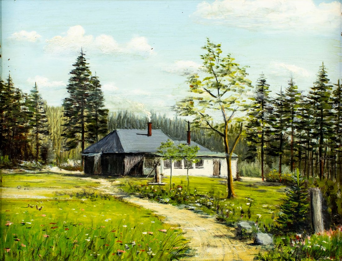 Meinhold (US,20C) oil painting: ARTIST: Meinhold (American, 20 century) TITLE: Forest Landscape with Cottage MEDIUM: oil on board CONDITION: Some small paint losses. No visible inpaint under UV light. <