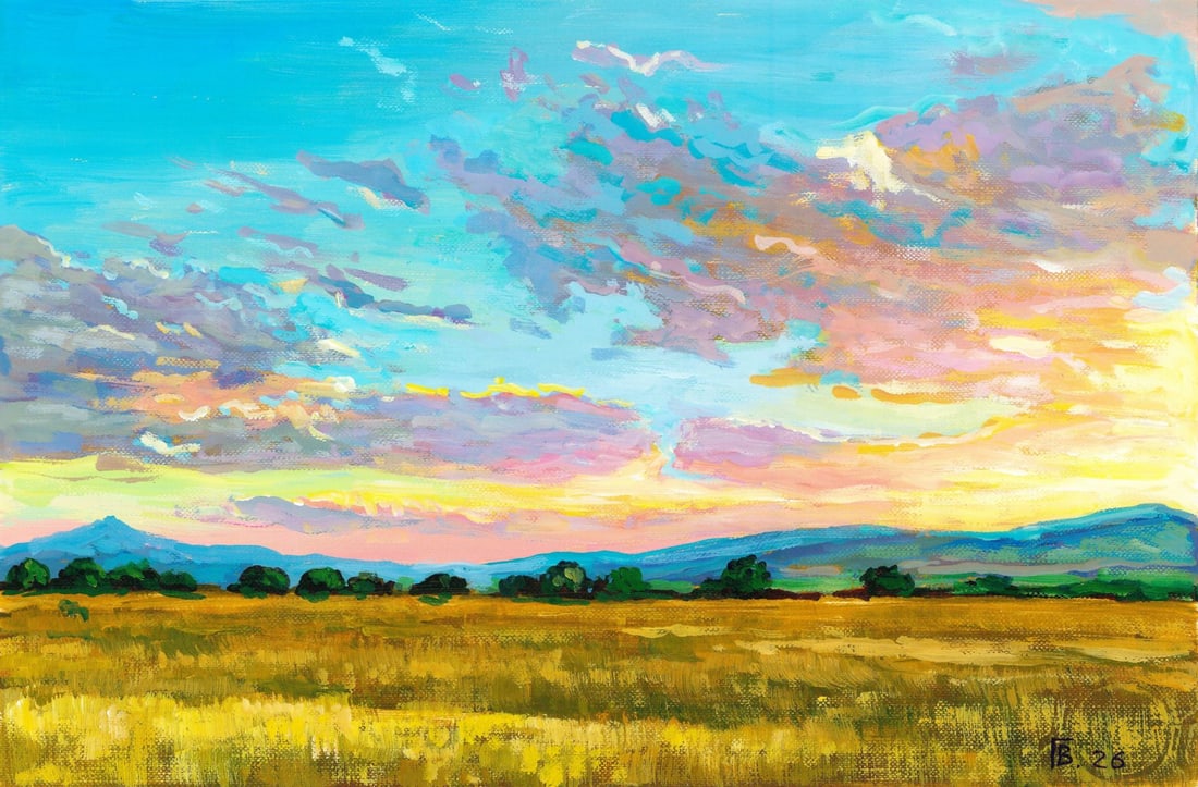 Vasil Golendir (Ukraine,20/21C) oil painting: ARTIST: Vasil Golendir (Ukrainian, 20/21 centuries) TITLE: Sunset Country Landscape MEDIUM: oil on heavy paper CONDITION: Very good. No visible inpaint under UV light.