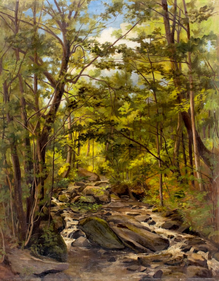 Antique early 20C American oil painting: ARTIST: - (American, early 20 century) TITLE: Forest Landscape MEDIUM: oil on canvas CONDITION: One small patch. Minor scratches/paint losses mostly along edges. Minor craqu