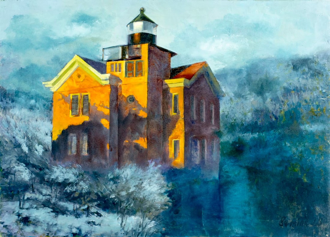 Semine Hazar (Turkey,20/21C) oil painting: ARTIST: Semine Hazar (Turkish, 20/21 centuries) TITLE: Winter Hudson River Lighthouse Landscape (titled on verso) MEDIUM: oil on canvas CONDITION: Some scratches mostly by t