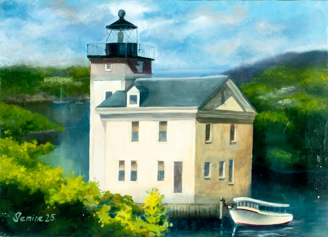 Semine Hazar (Turkey,20/21C) oil painting: ARTIST: Semine Hazar (Turkish, 20/21 centuries) TITLE: Summer Hudson River Lighthouse Landscape (titled on verso) MEDIUM: oil on canvas CONDITION: Some small paint losses mo
