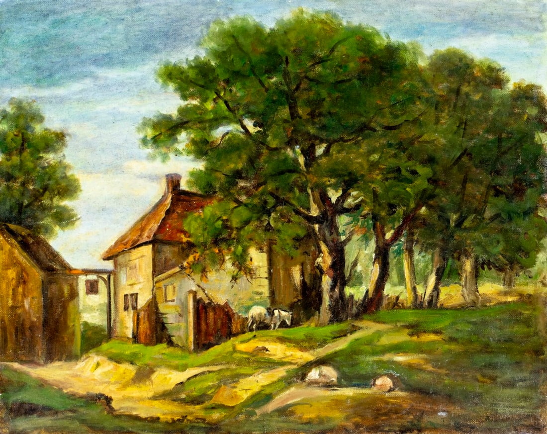 Vintage 20C American oil painting: ARTIST: - (American, 20 century) TITLE: Village Landscape with Horse MEDIUM: oil on canvas board CONDITION: Minor damages to the left corners. Few minor scratches/paint loss