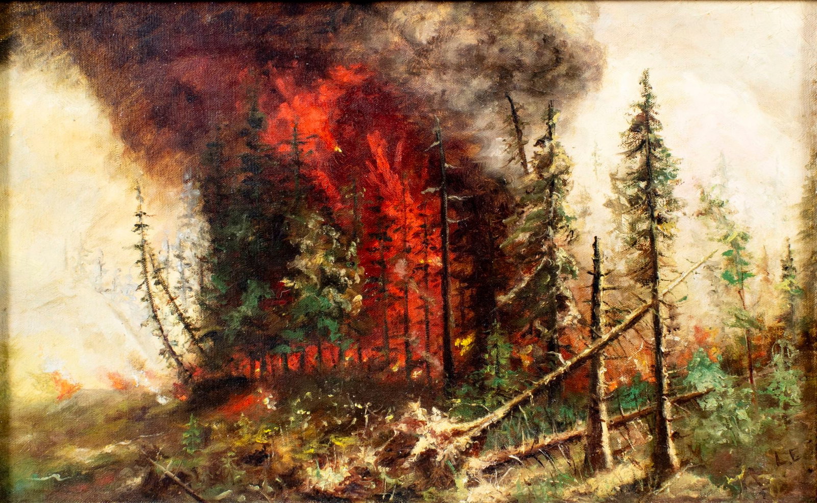 Vintage mid 20C American oil painting: ARTIST: - (American, mid 20 century) TITLE: Forest Fire Landscape MEDIUM: oil on canvas CONDITION: Missing a few flakes of paint. Some craquelure. No visible inpaint under U