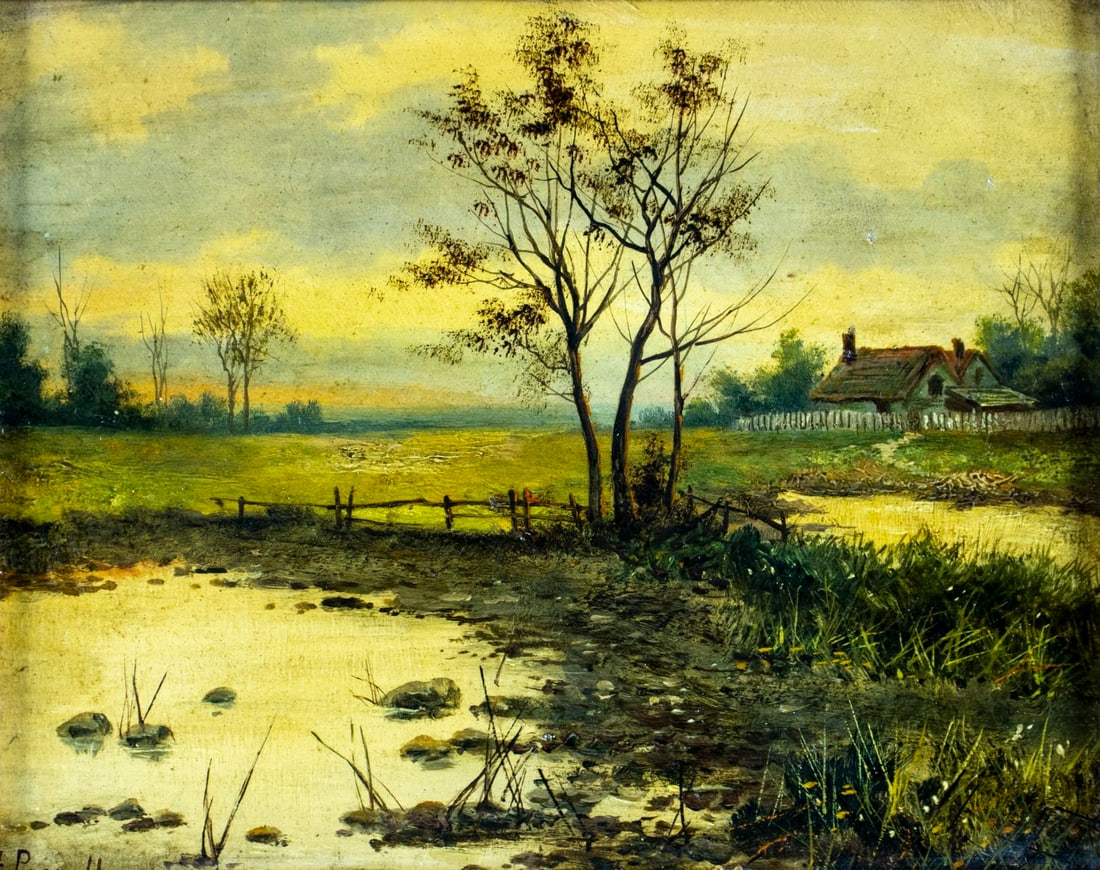 Henry Pascall (UK,early 20C) oil painting antique: ARTIST: Henry Pascall (English, early 20 century) TITLE: Country Landscape MEDIUM: oil on board CONDITION: Few minor paint losses. No visible inpaint under UV light. Wear to