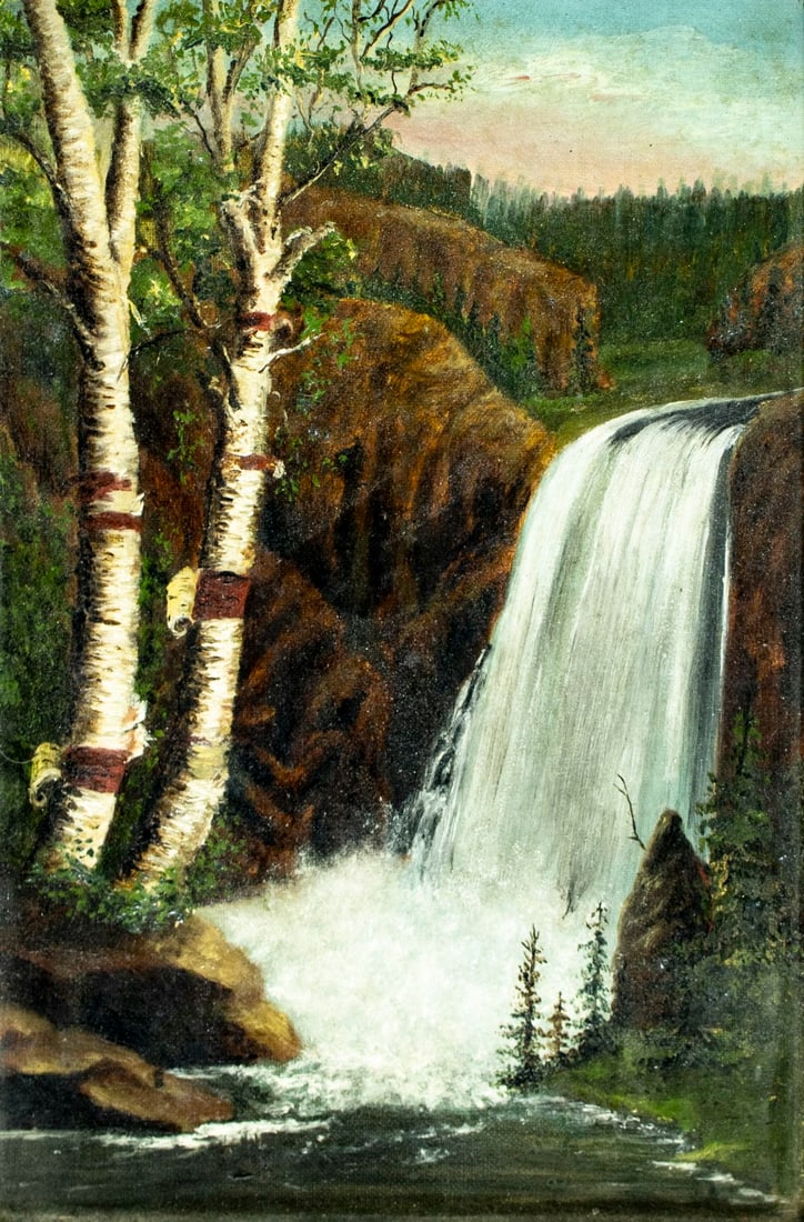 Antique early 20C American oil painting: ARTIST: - (American, early 20 century) TITLE: Waterfall Landscape MEDIUM: oil on canvas. Canvas applied to board. CONDITION: Few minor paint losses. No visible inpaint under