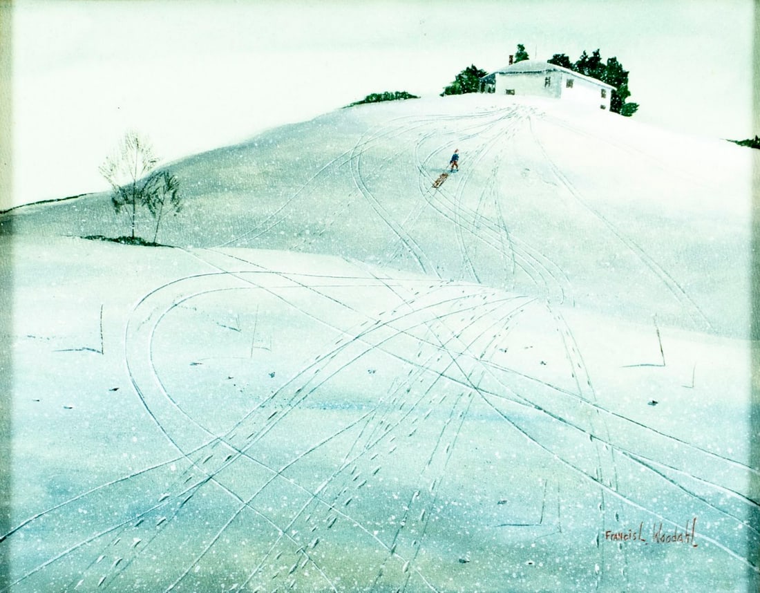 Francis Woodahl (CA,AZ,MD,1938-1984) watercolor painting: ARTIST: Francis L Woodahl (California, Arizona, Maryland, 1938 - 1984) TITLE: Winter Hilly Landscape MEDIUM: watercolor on board CONDITION: Overall good. No visible inpaint
